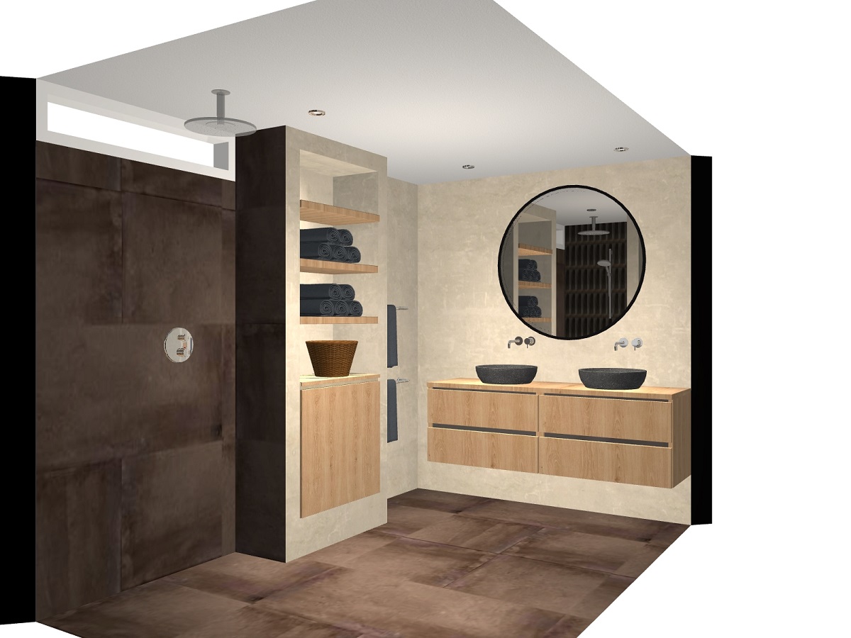 Keukenvloer in zandkleur en badkamer ontwerp met betonstuc